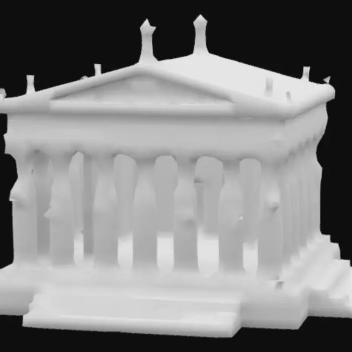3D model for A highly detailed 3D model of the Erechtheion temple on the Acropolis of Athens, ancient Greek architecture, made of Pentelic marble, featuring the famous Porch of the Caryatids with six sculpted female figures as columns, asymmetrical floor plan, Ionic columns with ornate capitals, realistic weathered stone textures, accurate historical proportions, partially damaged friezes, set on an ancient rocky platform, ambient soft lighting, suitable for architectural visualization and realistic 3D render