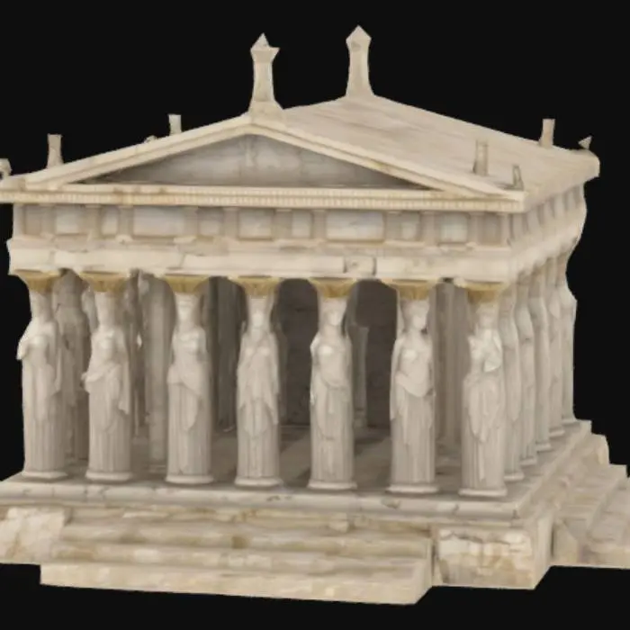 3D model for A highly detailed 3D model of the Erechtheion temple on the Acropolis of Athens, ancient Greek architecture, made of Pentelic marble, featuring the famous Porch of the Caryatids with six sculpted female figures as columns, asymmetrical floor plan, Ionic columns with ornate capitals, realistic weathered stone textures, accurate historical proportions, partially damaged friezes, set on an ancient rocky platform, ambient soft lighting, suitable for architectural visualization and realistic 3D render