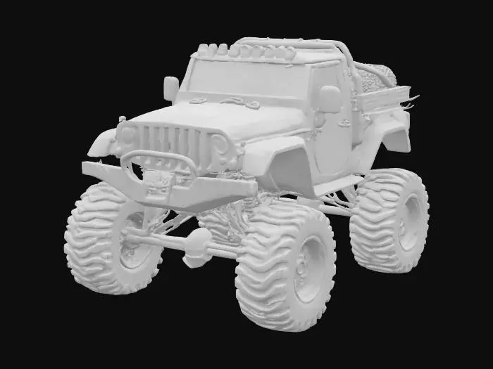 3D model for Crea un concept monster truck jeep  tipo rally, con platón, parrilla, luces superiores , llantas monstruosas, barras antivuelcos,  llantas de repuesto en el platón,  temida