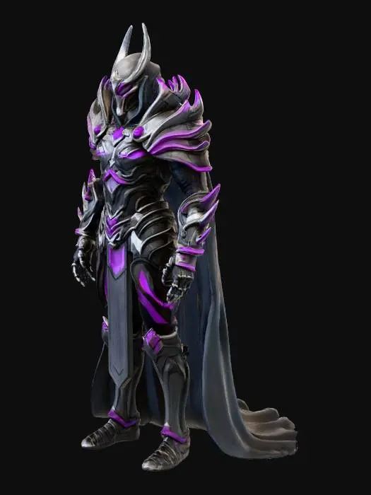 3D model for A realistic, intimidating warlord character recognizable as Shredder from TMNT, wearing a suit of armor inspired by Darth Vader. The armor is dark metallic black with purple accents, angular and sharp with Shredder’s signature bladed gauntlets, spiked pauldrons, and serrated helmet crest. The helmet silhouette clearly reflects Shredder’s shape, not Vader’s. The chest armor and cape are styled like Vader’s, but redesigned to fit Shredder’s samurai aesthetic: segmented plated cuirass, layered shin guards, and a heavy flowing black cape. Realistic worn metal textures, battle scratches, weighty materials, cinematic dramatic lighting, strong villain stance.