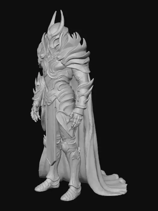 3D model for A realistic, intimidating warlord character recognizable as Shredder from TMNT, wearing a suit of armor inspired by Darth Vader. The armor is dark metallic black with purple accents, angular and sharp with Shredder’s signature bladed gauntlets, spiked pauldrons, and serrated helmet crest. The helmet silhouette clearly reflects Shredder’s shape, not Vader’s. The chest armor and cape are styled like Vader’s, but redesigned to fit Shredder’s samurai aesthetic: segmented plated cuirass, layered shin guards, and a heavy flowing black cape. Realistic worn metal textures, battle scratches, weighty materials, cinematic dramatic lighting, strong villain stance.