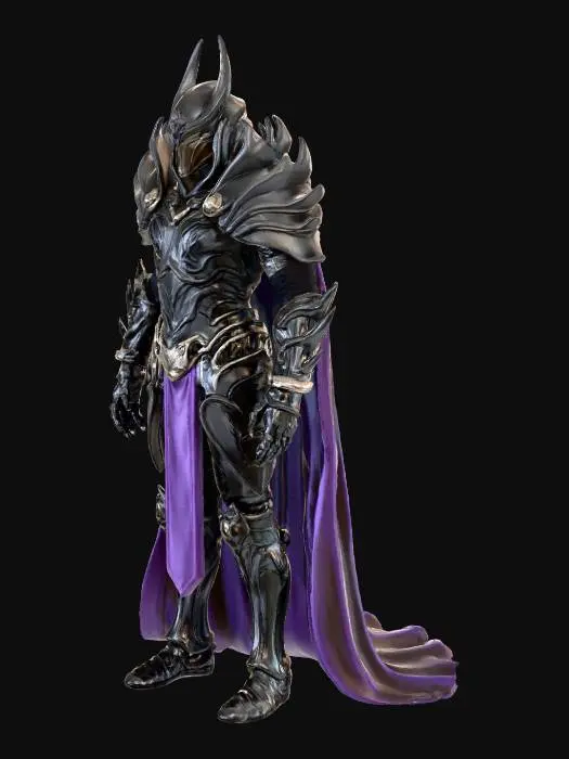 3D model for A realistic, intimidating warlord character recognizable as Shredder from TMNT, wearing a suit of armor inspired by Darth Vader. The armor is dark metallic black with purple accents, angular and sharp with Shredder’s signature bladed gauntlets, spiked pauldrons, and serrated helmet crest. The helmet silhouette clearly reflects Shredder’s shape, not Vader’s. The chest armor and cape are styled like Vader’s, but redesigned to fit Shredder’s samurai aesthetic: segmented plated cuirass, layered shin guards, and a heavy flowing black cape. Realistic worn metal textures, battle scratches, weighty materials, cinematic dramatic lighting, strong villain stance.
