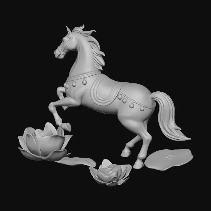 3D model for Golden Lantern Horse, with lightup lantern flower, remove the logo , red fabric color  using that pose. thankyou, dont change anything , the height is 8 feet , flower size is 60cm and 80cm