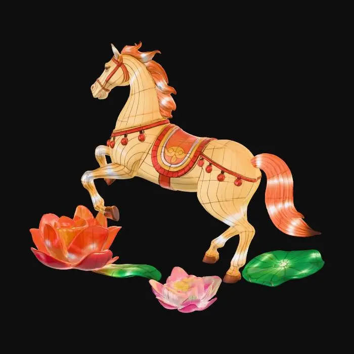 3D model for Golden Lantern Horse, with lightup lantern flower, remove the logo , red fabric color  using that pose. thankyou, dont change anything , the height is 8 feet , flower size is 60cm and 80cm