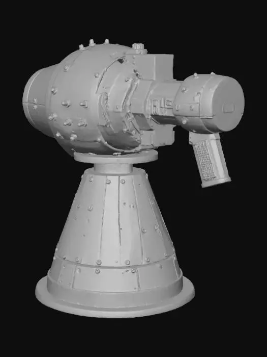 3D model for A robust cannon bot turret featuring a conical barrel mounted on a swiveling, multi-jointed base. Its surface is crafted from dark, brushed steel, exhibiting subtle metallic sheen and visible weld lines, suggesting durability. The circular base has a textured, slightly abrasive grip, while the barrel maintains a smooth, cool-to-the-touch finish. Integrated panels show a dull, matte grey, contrasting with vibrant, recessed amber light strips that outline its defensive posture.