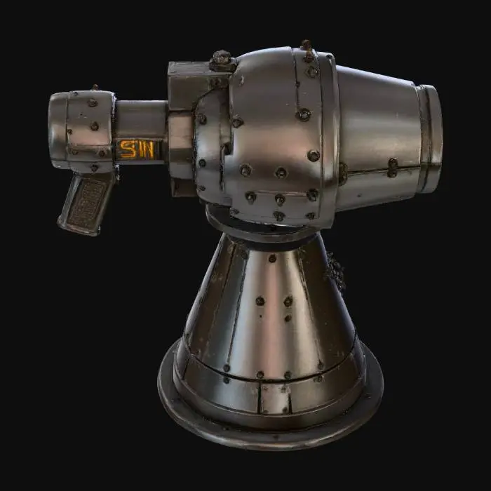 3D model for A robust cannon bot turret featuring a conical barrel mounted on a swiveling, multi-jointed base. Its surface is crafted from dark, brushed steel, exhibiting subtle metallic sheen and visible weld lines, suggesting durability. The circular base has a textured, slightly abrasive grip, while the barrel maintains a smooth, cool-to-the-touch finish. Integrated panels show a dull, matte grey, contrasting with vibrant, recessed amber light strips that outline its defensive posture.