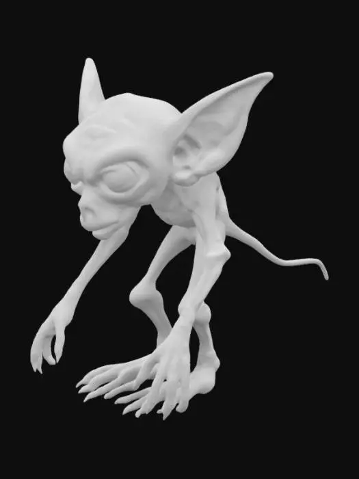 3D model for Create a gaunt, pale-skinned humanoid with large, bulging eyes, elongated pointed ears, and sharp facial features. The skin should be wrinkled with visible veins and subtle imperfections. Emphasize realistic textures, thin lips, and an intense, eerie expression. No fur needed. The lighting should enhance the hollow cheekbones and deep eye sockets. Place against a dark background for a dramatic, haunting effect.
