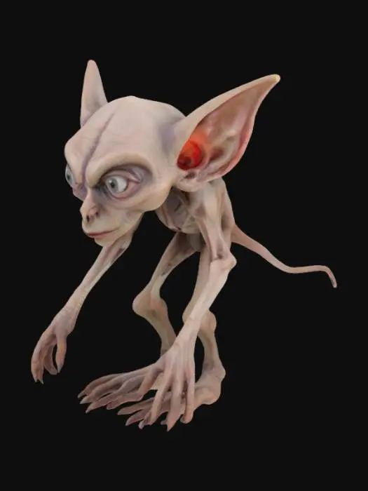 3D model for Create a gaunt, pale-skinned humanoid with large, bulging eyes, elongated pointed ears, and sharp facial features. The skin should be wrinkled with visible veins and subtle imperfections. Emphasize realistic textures, thin lips, and an intense, eerie expression. No fur needed. The lighting should enhance the hollow cheekbones and deep eye sockets. Place against a dark background for a dramatic, haunting effect.