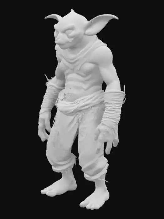 3D model for A grey skinned golem goblin mix, wretched looking, brown leather rags, soft green big eyes,, character, detailed,fantasy, game
