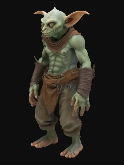 3D model for A grey skinned golem goblin mix, wretched looking, brown leather rags, soft green big eyes,, character, detailed,fantasy, game
