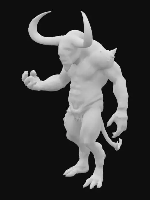 3D model for post-apocalyptic, a realistic slightly mutated minotaur with fungal growths in the style of Takahide Hori, Phil Tippett, Guillermo del Toro and Tim Burton, Highly Detailed

