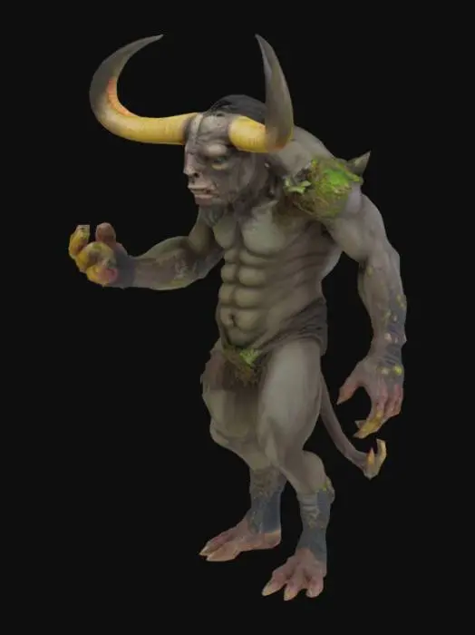 3D model for post-apocalyptic, a realistic slightly mutated minotaur with fungal growths in the style of Takahide Hori, Phil Tippett, Guillermo del Toro and Tim Burton, Highly Detailed


