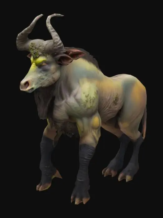 3D model for post-apocalyptic, a realistic slightly mutated minotaur with fungal growths in the style of Takahide Hori, Phil Tippett, Guillermo del Toro and Tim Burton, Highly Detailed

