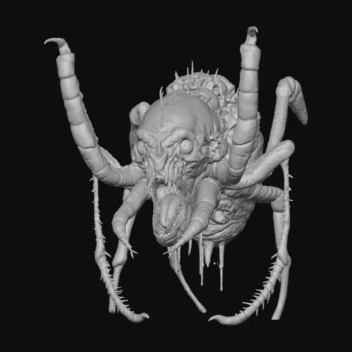 3D model for Create a nightmare spider monster inspired by Stranger Things. Its grotesque torso resembles a fleshy hive, embedded with human skulls and screaming faces fused into its body. Eight jagged, insectoid legs with sinewy muscle and clawed tips extend outward. Skin is mottled black, crimson, and gray, with exposed bone and pulsing veins. The head blends human and arachnid features—glowing asymmetrical eyes and a gaping maw with uneven human-like teeth. Set in a misty void with eerie red-violet lighting, floating debris, and tendrils of fog that enhance its terrifying presence