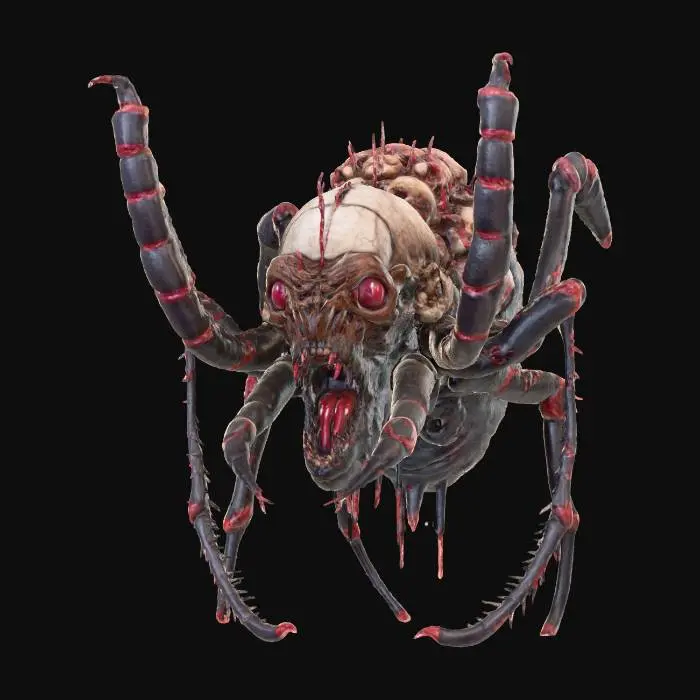 3D model for Create a nightmare spider monster inspired by Stranger Things. Its grotesque torso resembles a fleshy hive, embedded with human skulls and screaming faces fused into its body. Eight jagged, insectoid legs with sinewy muscle and clawed tips extend outward. Skin is mottled black, crimson, and gray, with exposed bone and pulsing veins. The head blends human and arachnid features—glowing asymmetrical eyes and a gaping maw with uneven human-like teeth. Set in a misty void with eerie red-violet lighting, floating debris, and tendrils of fog that enhance its terrifying presence