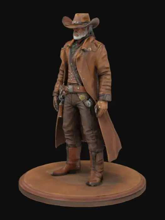 3D model for An old western bounty hunter on a small round base, Leather, Highly Detailed, Ultra Realistic, Steampunk. The western bounty hunter is wearing a beater cowboy hat. The bounty hunter is dusty. A large pistol is holstered by his side. He is not super muscular. 