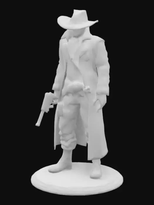 3D model for An old western bounty hunter on a small round base, Leather, Highly Detailed, Ultra Realistic, Steampunk. The western bounty hunter is wearing a beater cowboy hat. The bounty hunter is dusty. A large pistol is holstered by his side. He is not super muscular. 