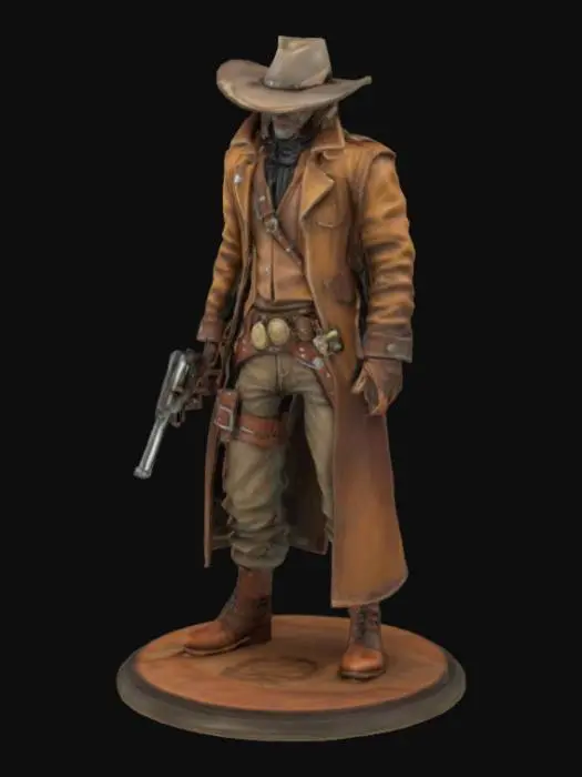 3D model for An old western bounty hunter on a small round base, Leather, Highly Detailed, Ultra Realistic, Steampunk. The western bounty hunter is wearing a beater cowboy hat. The bounty hunter is dusty. A large pistol is holstered by his side. He is not super muscular. 