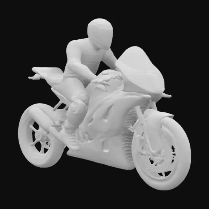 3D model for A man on a Yamaha motercycle. The man is bent down over the handle bars. The motercycle is very well designed. The man has his hands on the  handlebars. 