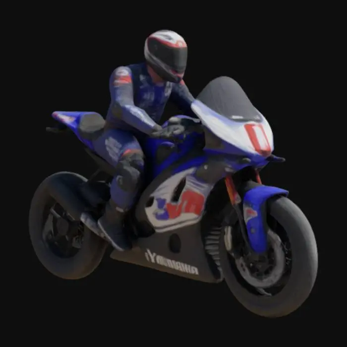3D model for A man on a Yamaha motercycle. The man is bent down over the handle bars. The motercycle is very well designed. The man has his hands on the  handlebars. 