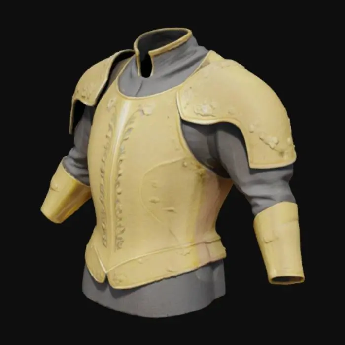 3D model for Armor for the upper body. The armor is royalty and shines a lot. Its medieval and is more a looks then protection. the armor itself is made out of gold. A embroidered undershirt is under the armor. The armor is fancy and shiny. The gold shine is very polished. 