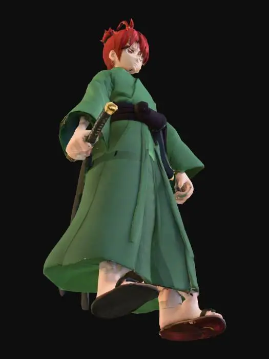3D model for make me a boy who called tanjiro with using kimono on his body color green and using black sword, style anime and his hair is red and also his eyes  