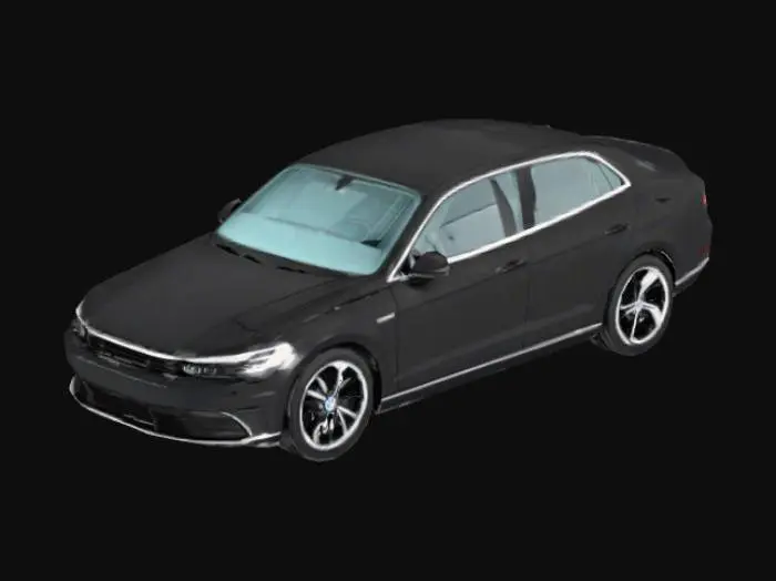 3D model for A realistic 3D model of a 2021 Volkswagen sedan, automatic transmission, in glossy black paint. The car should have detailed and accurate proportions, smooth curves, and clean geometry. Include high-resolution textures for the body, tires, headlights, and glass. Ensure reflections and material finishes are realistic: metallic black for the body, rubber for the tires, chrome details around the windows and grille. The model should look showroom-ready with good lighting and shading baked in.
