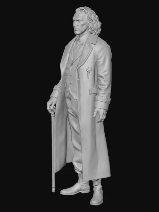 3D model for "3D human villain character, medium curly hair, Joker-inspired face, big creepy smile, crazy eyes, dark eye makeup, pale skin, wearing purple coat, black shirt, black vest, green pants, holding a cane, sinister and theatrical vibe, realistic proportions, high-detail textures, cinematic lighting, dynamic pose" #villain