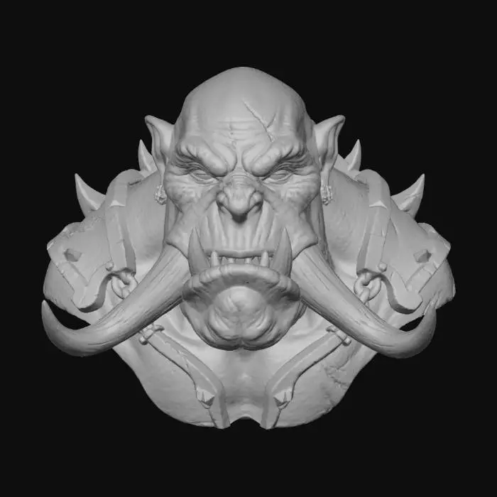 3D model for Orc bust with huge tusks,and scars,scary, sharp edges, realistic, #villain#,