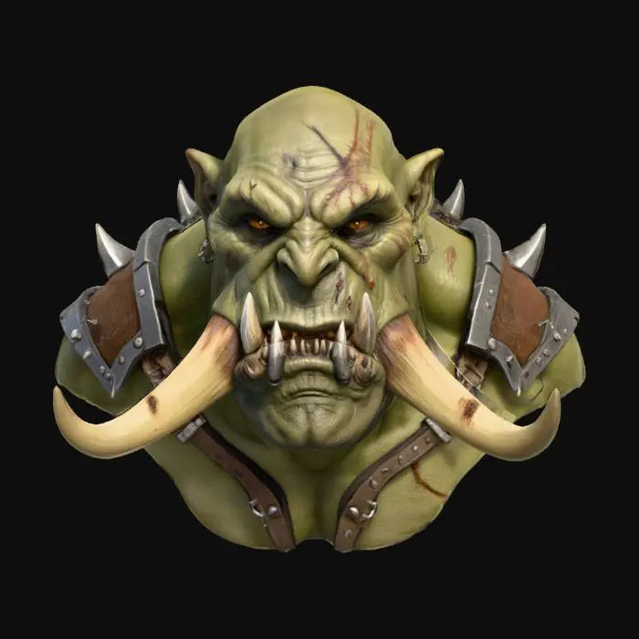3D model for Orc bust with huge tusks,and scars,scary, sharp edges, realistic, #villain#,