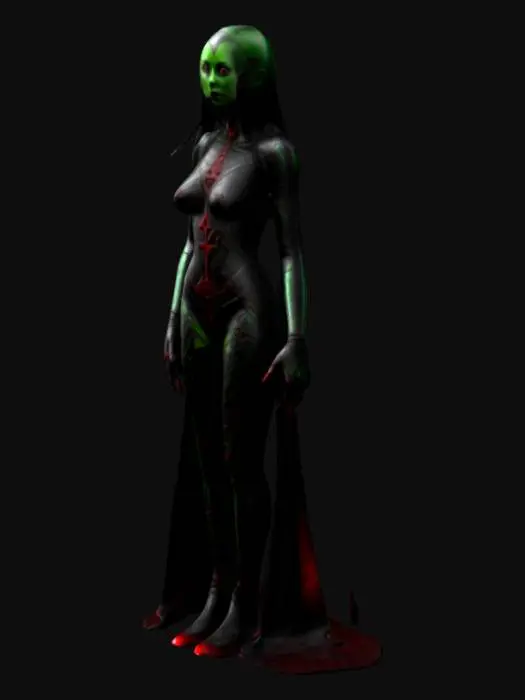 3D model for The object is a dystopian Nosferatu humanoid figure with sleek, curved geometry, featuring a black metallic texture with intricate detailing and a polished, electric red reflective surface. African American female, gorgeous figure, perfect female hands in black and electric green metallic gloves, intricately detailed engraved magic runes. Dystopian, black and electric red stilettos. Long black and electric red hair.