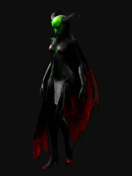 3D model for The object is a dystopian Nosferatu humanoid figure with sleek, curved geometry, featuring a black metallic texture with intricate detailing and a polished, electric red reflective surface. African American female, gorgeous figure, perfect female hands in black and electric green metallic gloves, intricately detailed engraved magic runes. Dystopian, black and electric red stilettos. Long black and electric red hair.