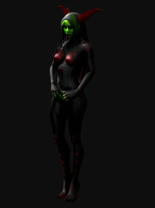 3D model for The object is a dystopian Nosferatu humanoid figure with sleek, curved geometry, featuring a black metallic texture with intricate detailing and a polished, electric red reflective surface. African American female, gorgeous figure, perfect female hands in black and electric green metallic gloves, intricately detailed engraved magic runes. Dystopian, black and electric red stilettos. Long black and electric red hair.