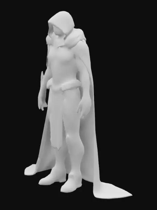 3D model for The object features a humanoid face with intricate geometric face paint patterns, smooth texture, bright amber eyes, and is adorned with a textured cloak and detailed headgear, fur lined hood and boots, futuristic humanoid figure with sleek, angular armor, smooth and matte surfaces, detailed mechanical components, and a high-tech, cyborg-like design.