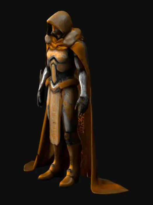 3D model for The object features a humanoid face with intricate geometric face paint patterns, smooth texture, bright amber eyes, and is adorned with a textured cloak and detailed headgear, fur lined hood and boots, futuristic humanoid figure with sleek, angular armor, smooth and matte surfaces, detailed mechanical components, and a high-tech, cyborg-like design.