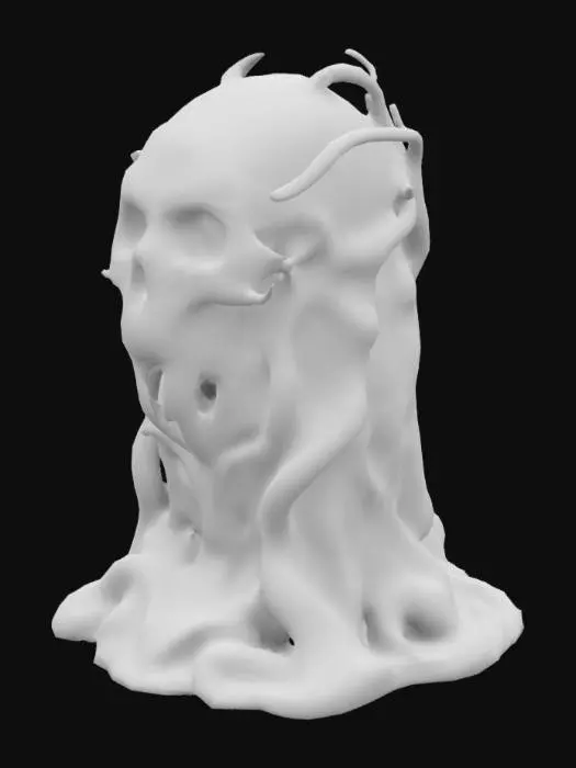 3D model for The object features a hauntingly symmetrical arrangement of skulls and flowing, jagged organic shapes, with a textured, stone-like surface illuminated by eerie green and red glows., 