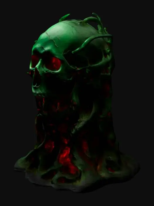 3D model for The object features a hauntingly symmetrical arrangement of skulls and flowing, jagged organic shapes, with a textured, stone-like surface illuminated by eerie green and red glows., 