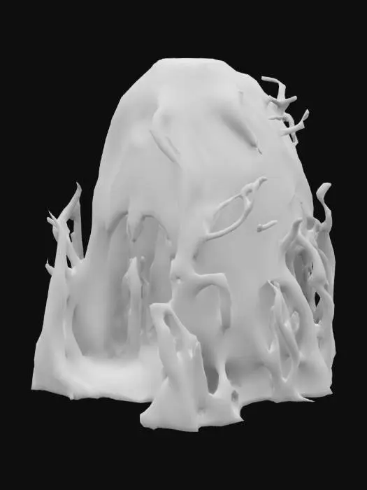 3D model for Twisted roots form a colossal tree-stump archway, pulsating with eerie green light. Moss and vines drape over gnarled bark, framing a hollow abyss leading into the dungeon. Embedded electric-green orbs flicker, powering the cursed entrance. Flanking the gate, cracked black stone frescoes depict tormented souls and skull motifs, glowing with bioluminescent green and crimson. At the center, a molten gold skull radiates ominous energy, inscribed with Gothic verses foretelling doom.