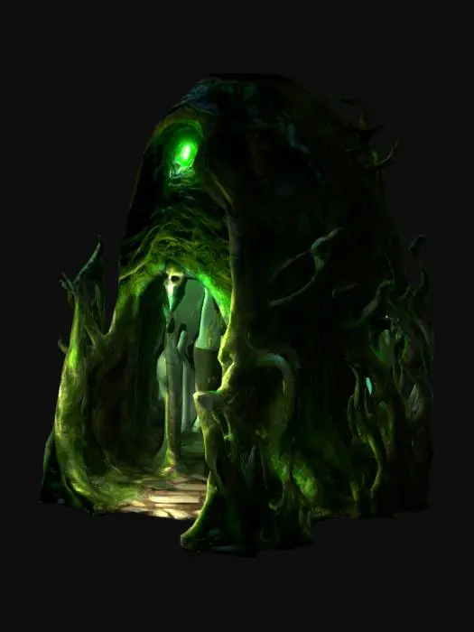 3D model for Twisted roots form a colossal tree-stump archway, pulsating with eerie green light. Moss and vines drape over gnarled bark, framing a hollow abyss leading into the dungeon. Embedded electric-green orbs flicker, powering the cursed entrance. Flanking the gate, cracked black stone frescoes depict tormented souls and skull motifs, glowing with bioluminescent green and crimson. At the center, a molten gold skull radiates ominous energy, inscribed with Gothic verses foretelling doom.