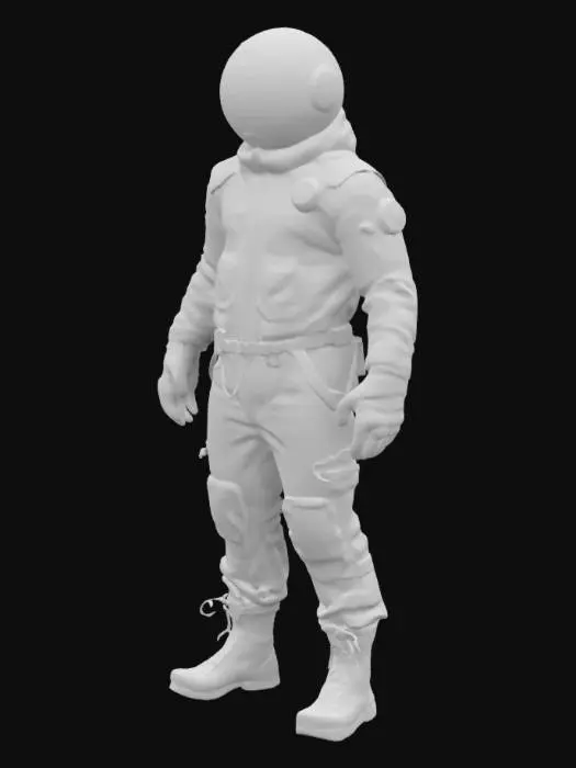 3D model for The object has a sleek, symmetrical design featuring smooth, metallic textures with glossy surfaces, highlighted by a combination of beige and black colors on a futuristic outfit adorned with patches and intricate detailing."Dieselpunk Formula Pilots don sleek, Orange  high-tech uniforms blending retro-futuristic design. Tailored for speed, adorned with mystic symbols, their attire merges style with aerodynamic efficiency in the high-octane realms of Forged Realms.", 