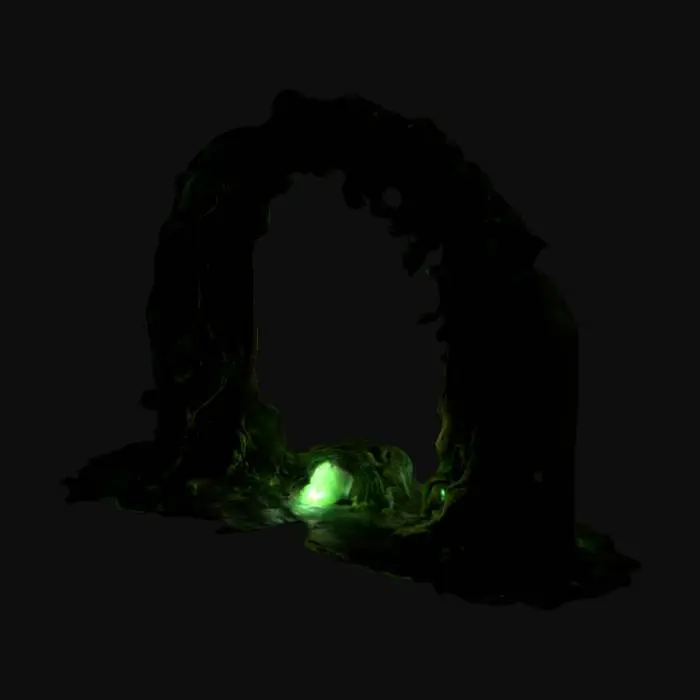 3D model for Twisted roots form a colossal tree-stump archway, pulsating with eerie green light. Moss and vines drape over gnarled bark, framing a hollow abyss leading into the dungeon. Embedded electric-green orbs flicker, powering the cursed entrance. Flanking the gate, cracked black stone frescoes depict tormented souls and skull motifs, glowing with bioluminescent green and crimson. At the center, a molten gold skull radiates ominous energy, inscribed with Gothic verses foretelling doom.