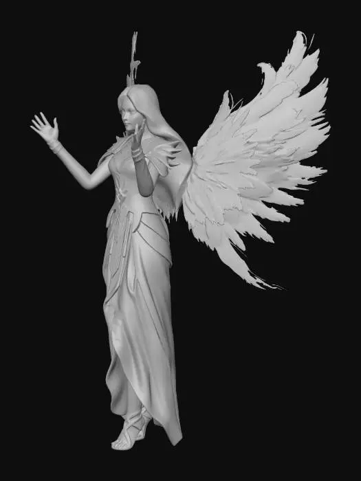 3D model for Celestial fire guardian, divine female warrior with radiant flame wings, soft golden fire instead of destructive flames, halo-like glow above her head, flowing ivory and gold robes mixed with light armor, fire forming protective symbols around her, standing on a cliff at dawn, glowing sky with warm sunlight, epic cinematic fantasy art, ultra detailed, realistic lighting, volumetric sun rays, dynamic pose, inspiring and heroic atmosphere