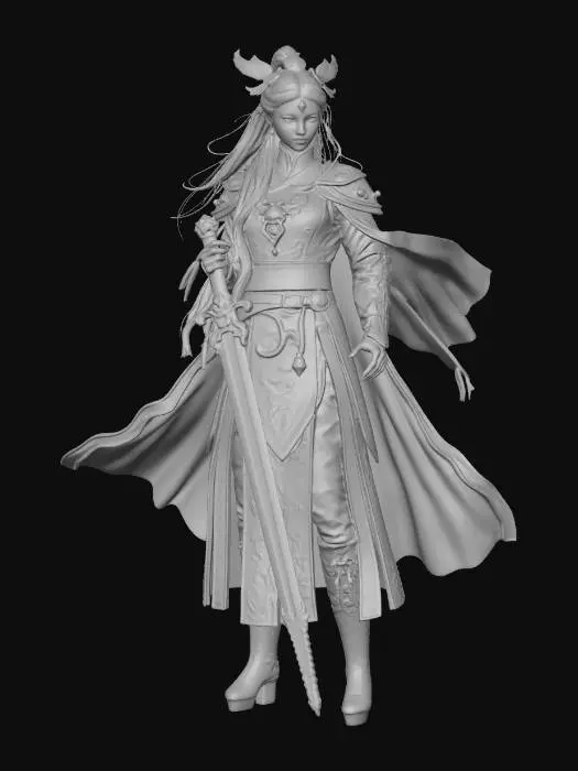 3D model for Epic mystical female warrior inspired by Chinese mythology, powerful and elegant heroine, long flowing black hair with subtle red highlights, golden phoenix hairpin, intense glowing amber eyes, wearing an ornate red and gold battle robe mixed with imperial Chinese armor, layered silk fabrics with dragon and phoenix embroidery, golden shoulder guards shaped like dragon scales, elegant waist armor with hanging jade talismans, long crimson cape moving in the wind.
She holds a blazing sword made of living flames, the blade glowing with molten gold and crimson fire, sparks and embers floating in the air around it. The sword looks ancient and divine, engraved with mystical Chinese runes.
Her armor details are intricate: golden bracers carved with dragon motifs, red silk sleeves, armored boots