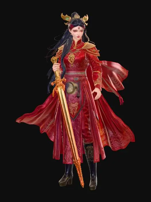 3D model for Epic mystical female warrior inspired by Chinese mythology, powerful and elegant heroine, long flowing black hair with subtle red highlights, golden phoenix hairpin, intense glowing amber eyes, wearing an ornate red and gold battle robe mixed with imperial Chinese armor, layered silk fabrics with dragon and phoenix embroidery, golden shoulder guards shaped like dragon scales, elegant waist armor with hanging jade talismans, long crimson cape moving in the wind.
She holds a blazing sword made of living flames, the blade glowing with molten gold and crimson fire, sparks and embers floating in the air around it. The sword looks ancient and divine, engraved with mystical Chinese runes.
Her armor details are intricate: golden bracers carved with dragon motifs, red silk sleeves, armored boots
