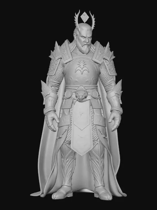 3D model for Epic mystical male warrior inspired by Chinese mythology, powerful legendary hero, tall and commanding presence, long dark hair tied in a warrior topknot, sharp determined eyes glowing faint gold, strong heroic face with calm but fierce expression.
He wears magnificent red and gold imperial battle armor, layered with ancient Chinese warrior robes. The armor is decorated with intricate dragon engravings and phoenix patterns, golden dragon scale shoulder guards, red silk under-robe flowing with the wind, heavy golden chest armor with glowing runic symbols. A long crimson battle cape moves dramatically behind him.
His gauntlets are carved with dragon heads and ancient symbols, golden armored boots with red silk wraps, a jade talisman belt with hanging charms that glow faintly with mystical