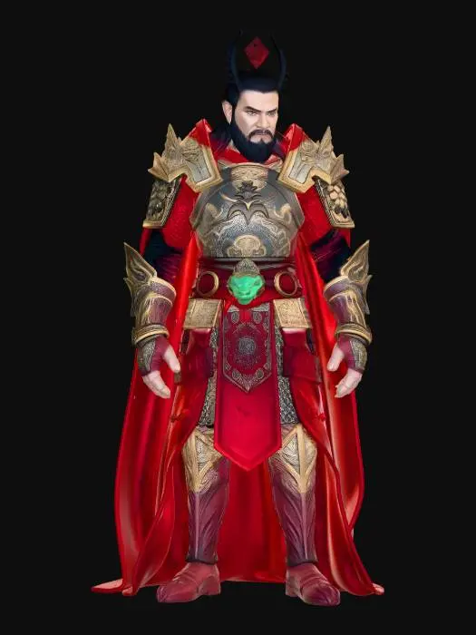 3D model for Epic mystical male warrior inspired by Chinese mythology, powerful legendary hero, tall and commanding presence, long dark hair tied in a warrior topknot, sharp determined eyes glowing faint gold, strong heroic face with calm but fierce expression.
He wears magnificent red and gold imperial battle armor, layered with ancient Chinese warrior robes. The armor is decorated with intricate dragon engravings and phoenix patterns, golden dragon scale shoulder guards, red silk under-robe flowing with the wind, heavy golden chest armor with glowing runic symbols. A long crimson battle cape moves dramatically behind him.
His gauntlets are carved with dragon heads and ancient symbols, golden armored boots with red silk wraps, a jade talisman belt with hanging charms that glow faintly with mystical