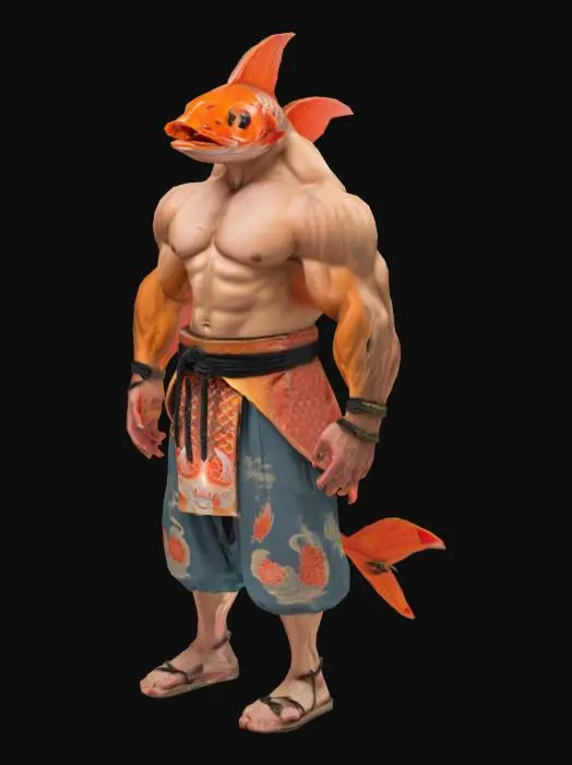 3D model for Мускулистый человек с головой рыбы в самурайское одежде с шаолинскими восточными элементами 