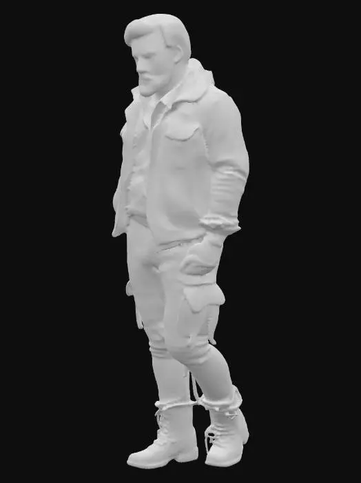 3D model for A realistic 3D game character named Ethan Cross, inspired by Days Gone's Deacon and The Last of Us's Joel. 
He has a rugged, survivor look with a slightly brown skin tone, short messy beard, tired but sharp eyes, and strong physique. 
Outfit: a plain t-shirt inside, worn brown leather jacket over it, faded blue jeans, and rugged DMS boots. 
A combat knife is strapped to his boot, pistol holster on his belt. 
Hair: medium short, slightly messy. 
Style: realistic, post-apocalyptic survivor, cinematic lighting, gritty atmosphere, ultra-detailed textures, AAA video game character design.