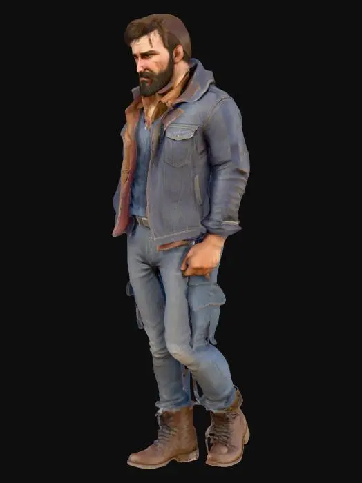 3D model for A realistic 3D game character named Ethan Cross, inspired by Days Gone's Deacon and The Last of Us's Joel. 
He has a rugged, survivor look with a slightly brown skin tone, short messy beard, tired but sharp eyes, and strong physique. 
Outfit: a plain t-shirt inside, worn brown leather jacket over it, faded blue jeans, and rugged DMS boots. 
A combat knife is strapped to his boot, pistol holster on his belt. 
Hair: medium short, slightly messy. 
Style: realistic, post-apocalyptic survivor, cinematic lighting, gritty atmosphere, ultra-detailed textures, AAA video game character design.