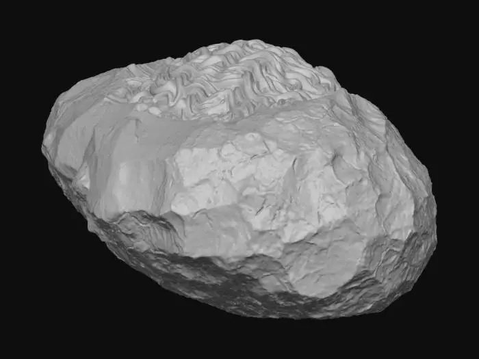 3D model for 검은 색의 운석, 중앙에 라면의 면발의 모양을 한 돌이 돌과 유사한 색으로 자연스럽게 박혀있음